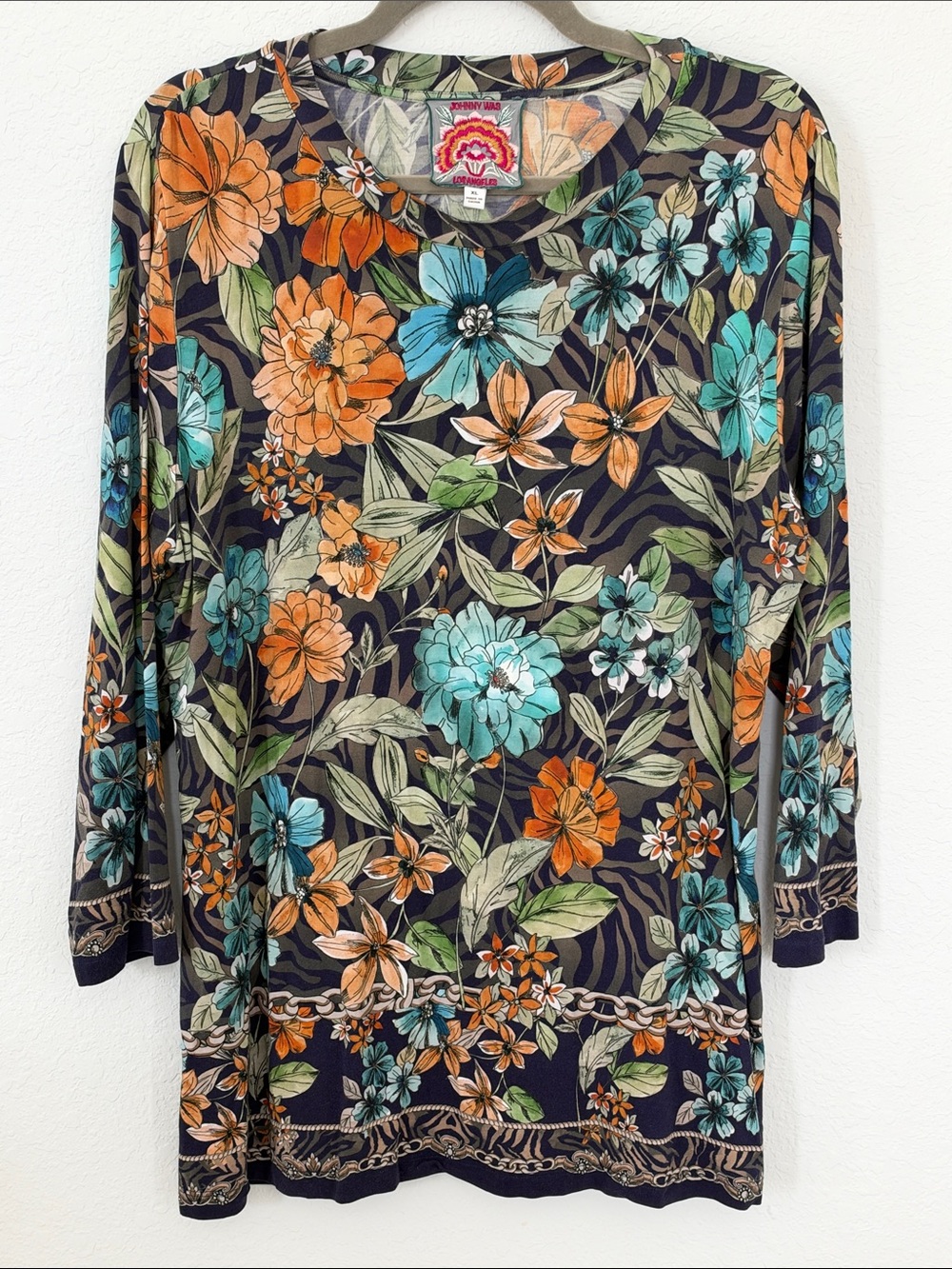 Johnny Was Los Angeles XL Floral Border Print Long Sleeve Tunic Top Rayon